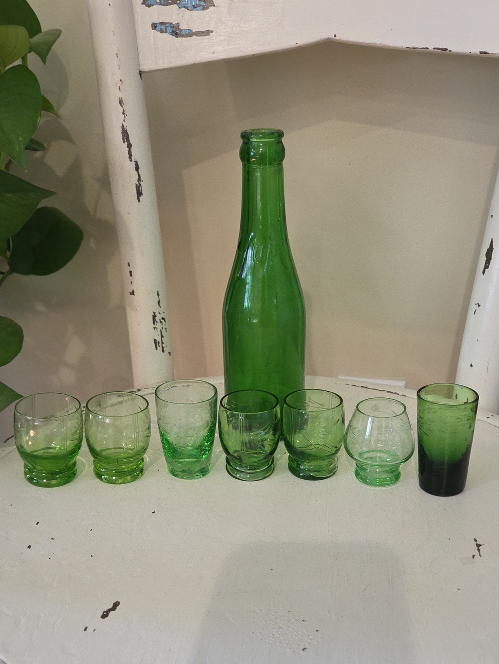 Green Glass 7 UP Embossed Bottle and Shot Glasses